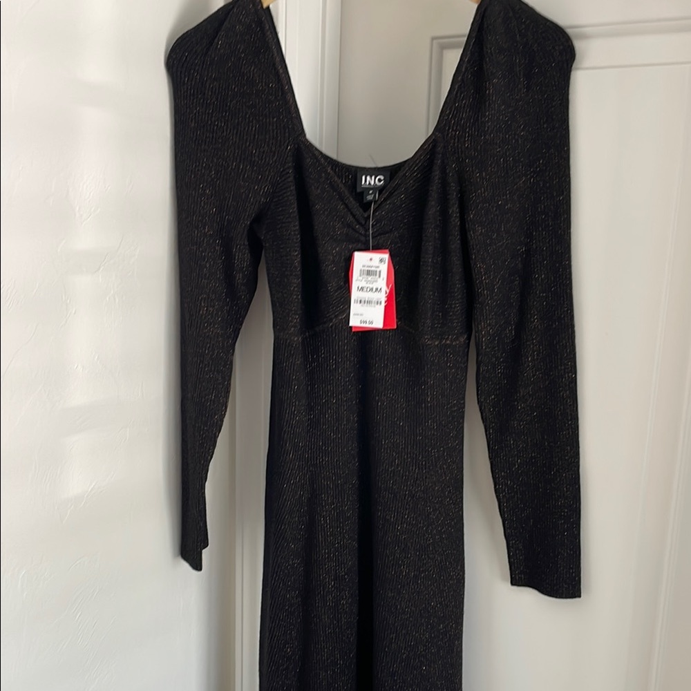 INC International Concepts Black and Gold Long Sleeve Sweater Dress